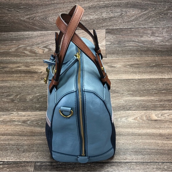 Fossil Rachel Satchel Color Block Blue Leather Handbag - Picture 3 of 13